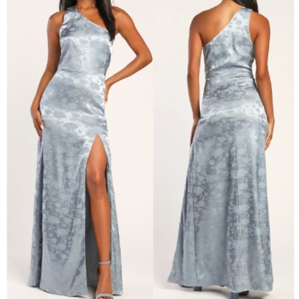 Lulus Women's Dusty Blue Satin Floral Jacquard Maxi Dress